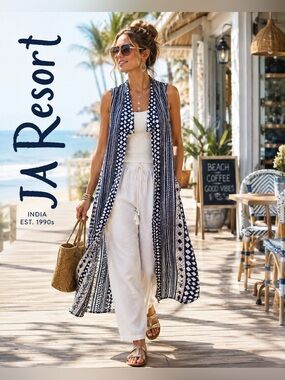VTG Y2K JA Resort Blue Ikat Rayon  Duster Kimono Boho Resort Open Front,Size M